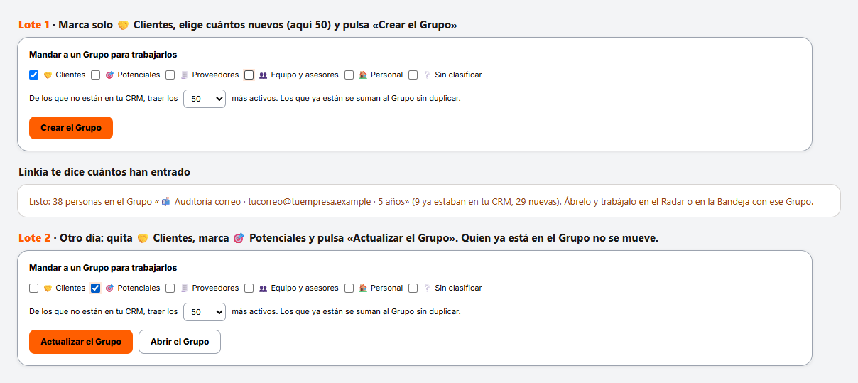 Lote 1 con solo Clientes, el aviso de cuántos han entrado y lote 2 con solo Potenciales