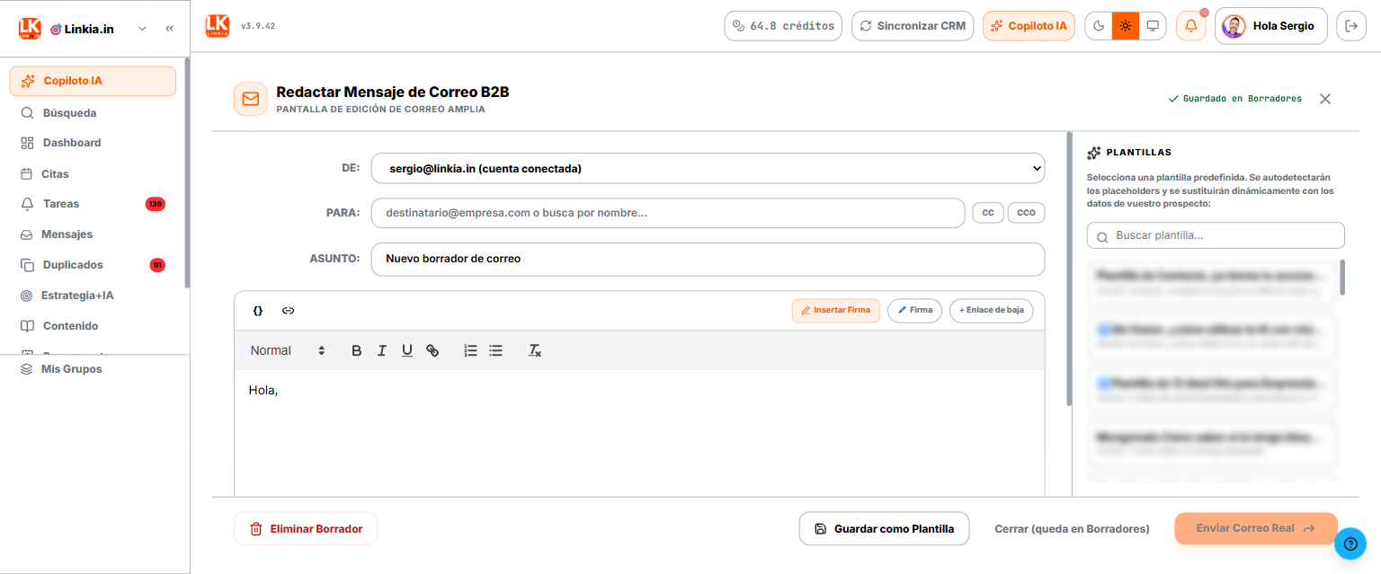El editor de correo, con tus plantillas a la derecha