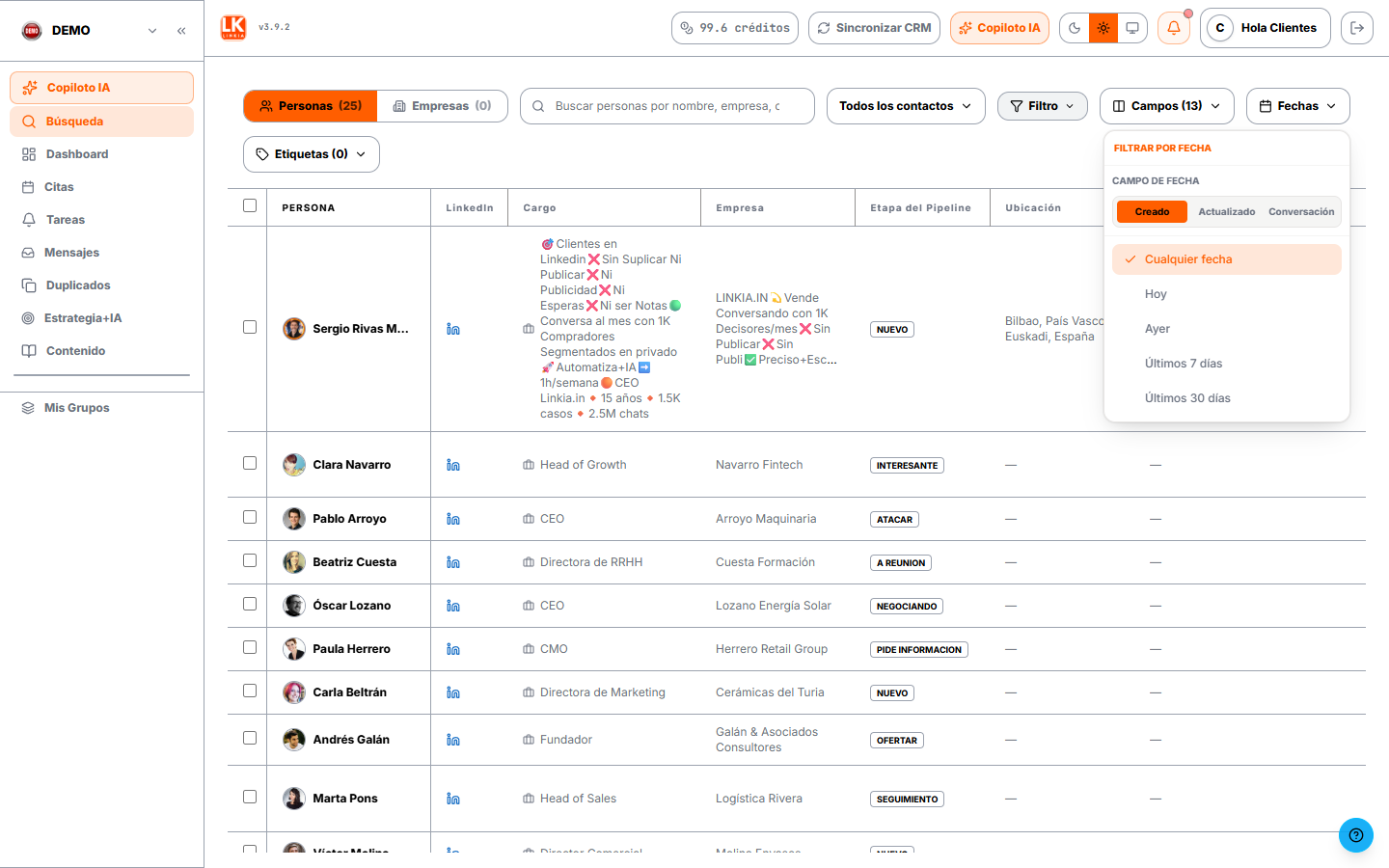 Filtrar por fecha de creación, actualización o conversación
