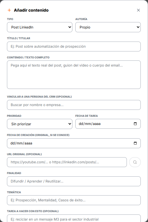 El formulario para añadir contenido a mano