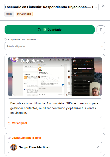 La ficha de un contenido: etiquetas, vista previa y la persona vinculada