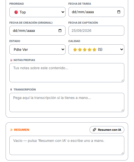 Prioridad, fechas, estado, valoración, notas, transcripción y resumen