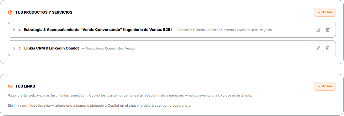 Tus productos y servicios, y Tus links