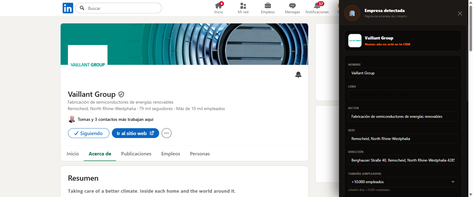 Página de empresa en LinkedIn con el panel de Linkia rellenando la ficha