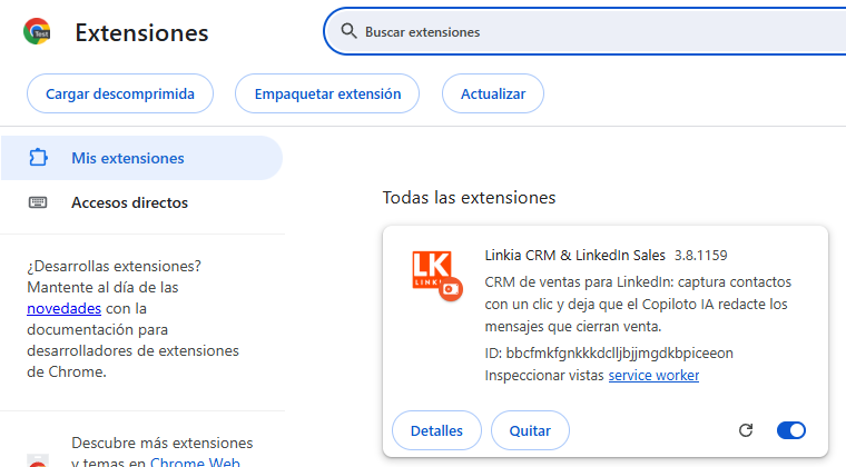 La extensión Linkia CRM & LinkedIn Sales ya cargada