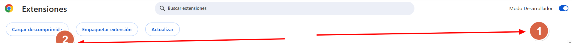 Modo Desarrollador activado, con el botón Cargar descomprimida ya visible