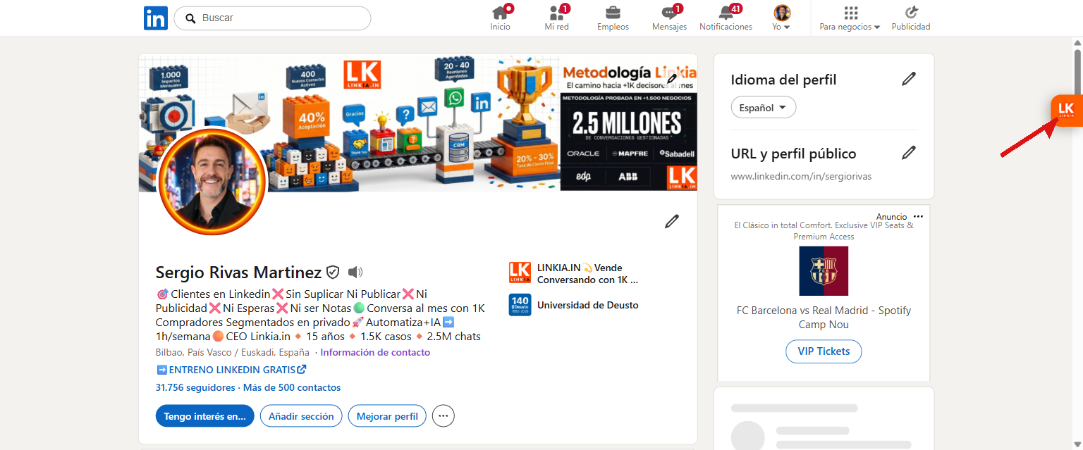 Botón de Linkia en un perfil de LinkedIn