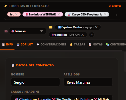 Ficha completa: etiquetas, Grupo, pestañas Info/Copiloto/Conversaciones/Tareas/Notas/Contenido