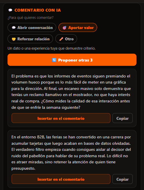 Comentario con IA: elige la intención y te propone tres comentarios