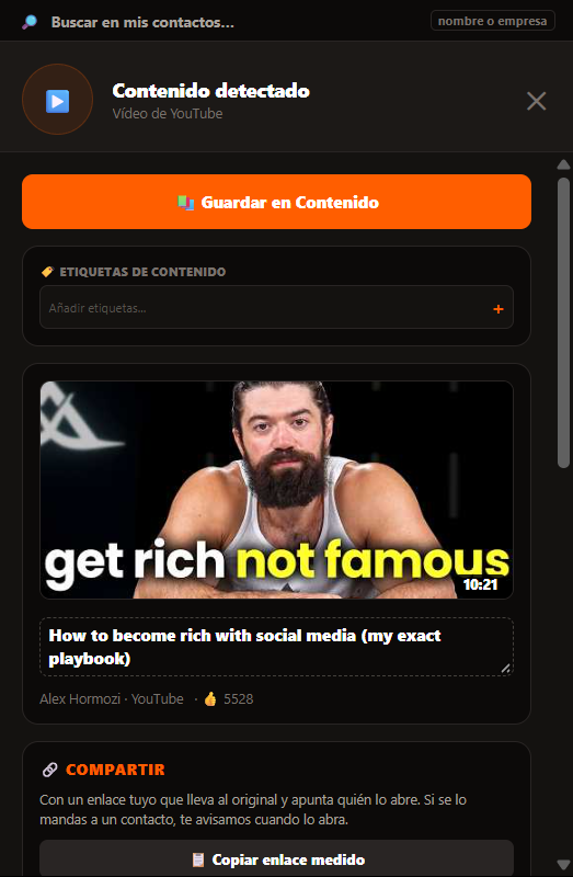 El panel de Linkia sobre un vídeo de YouTube