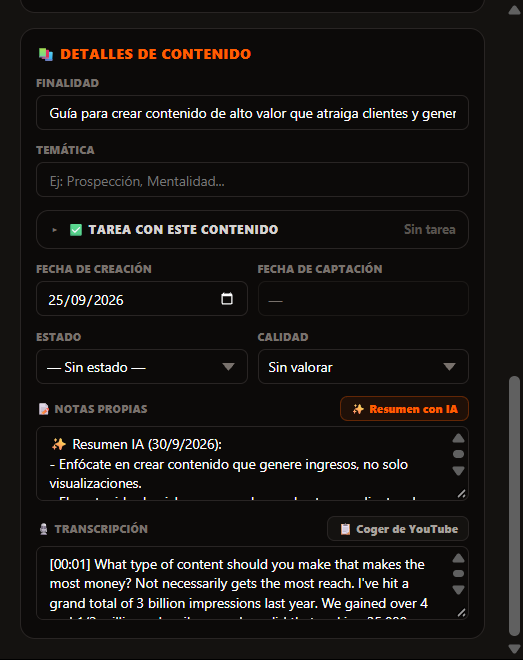 Detalles del vídeo con el resumen de la IA y la transcripción