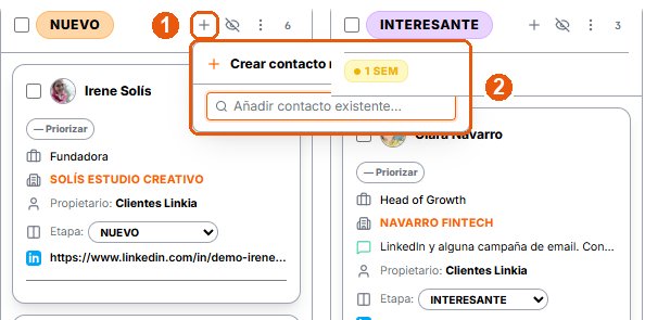 El botón + de una columna y sus dos opciones