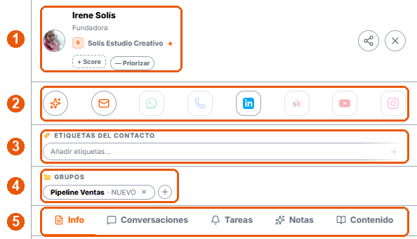 Cabecera de la ficha: datos, canales, etiquetas, Grupos y pestañas