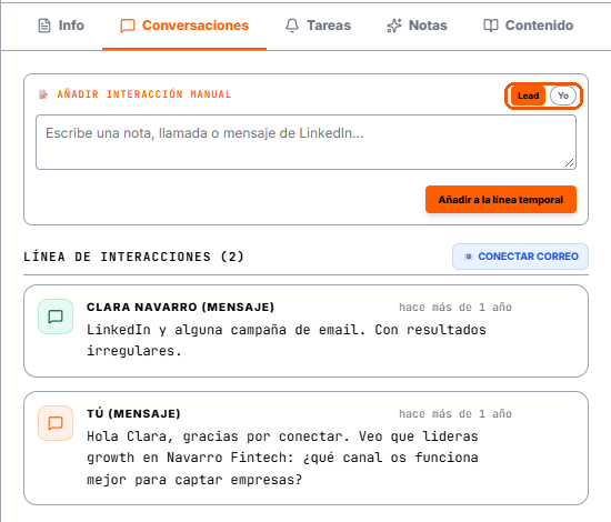 Pestaña Conversaciones: añadir una interacción a mano y la línea de interacciones