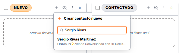 Añadir a un contacto que ya está en tu CRM desde el + de la columna