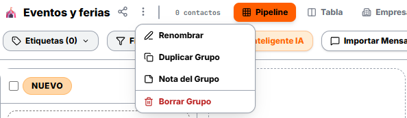 Renombrar, Duplicar Grupo, Nota del Grupo y Borrar Grupo