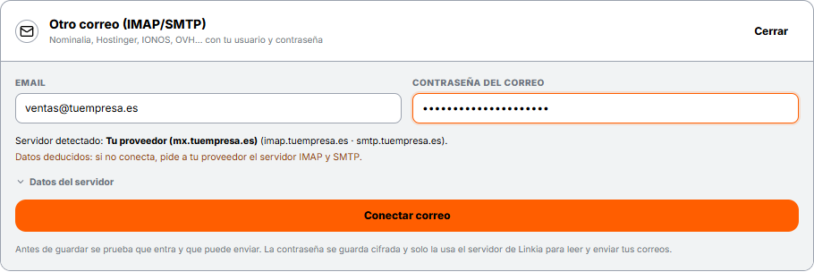 Email y servidor detectado