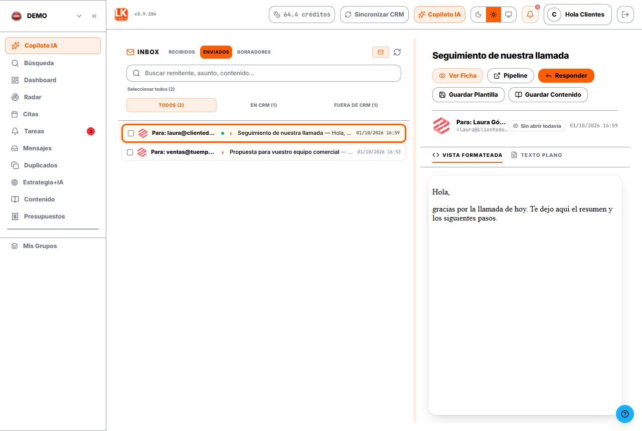Bandeja con el correo conectado