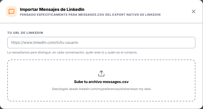 Importar Mensajes: tu URL de LinkedIn y el archivo messages.csv