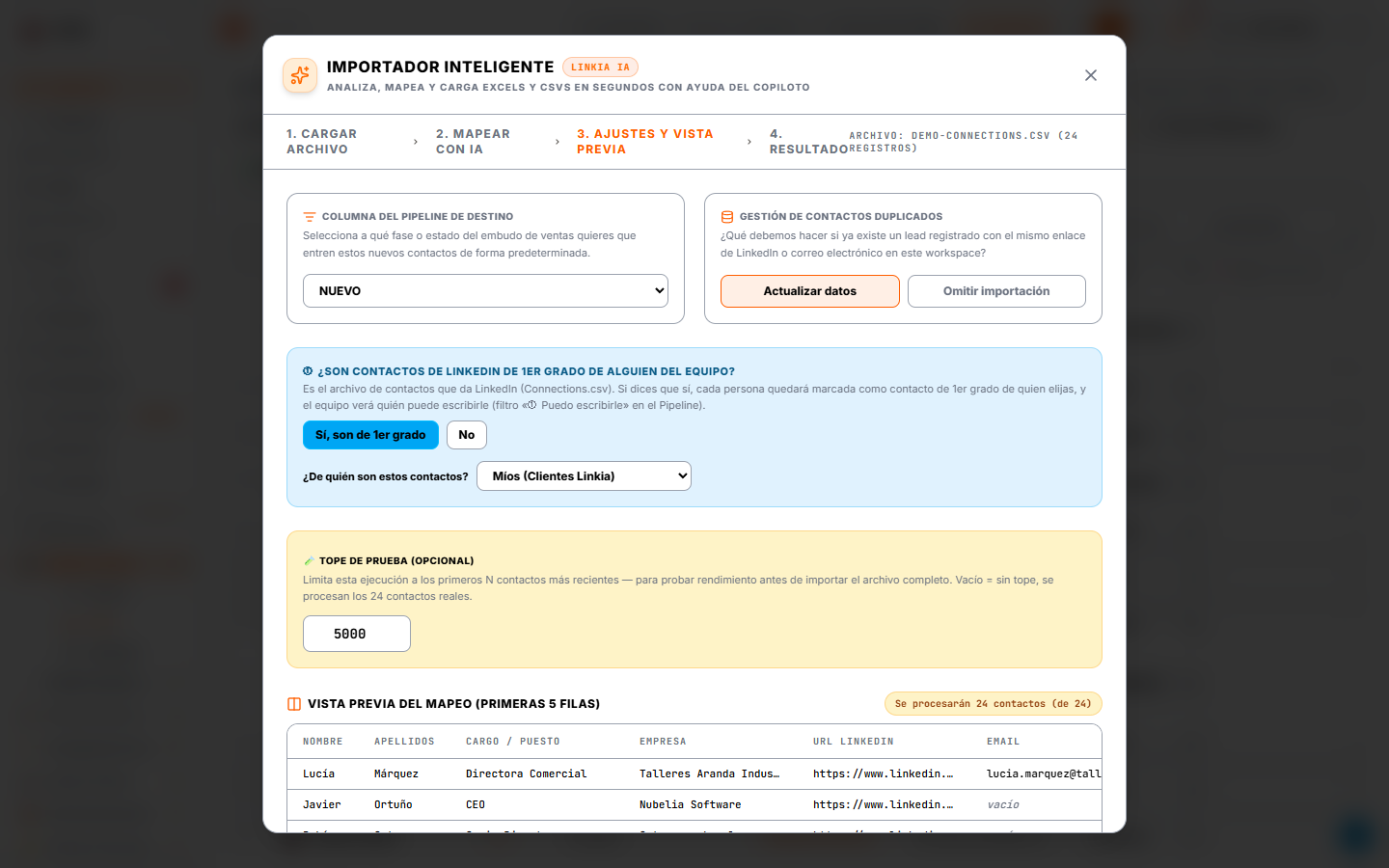 Etapa de destino, duplicados, la pregunta de si son contactos de 1er grado, tope y vista previa