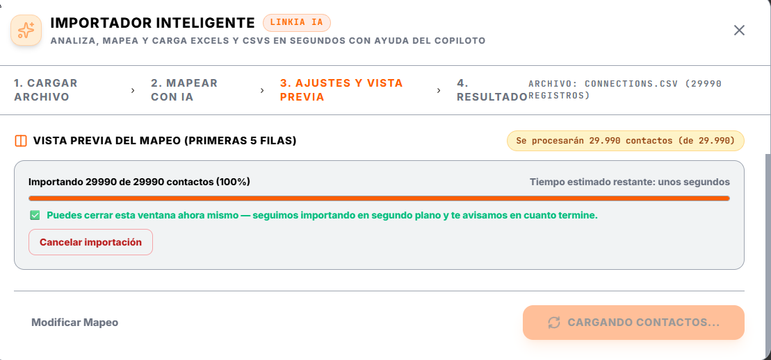 Importando 29.990 contactos de LinkedIn: puedes cerrar la ventana y seguimos en segundo plano