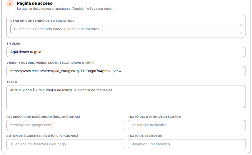 Paso 2: titular, vídeo, texto, recurso para descargar y botón de siguiente paso