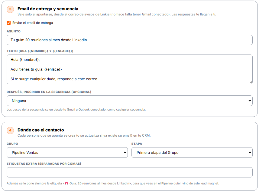 Paso 3: email de entrega y secuencia. Paso 4: Grupo y etapa donde cae el contacto