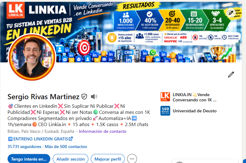 Un perfil preparado: banner con prueba social, titular que dice a quién ayudas y enlace para hablar
