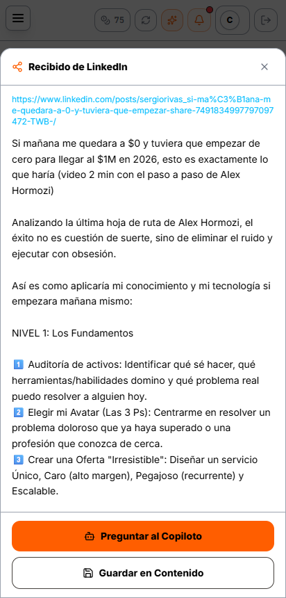 Pantalla «Recibido de LinkedIn» con el texto del post y sus botones