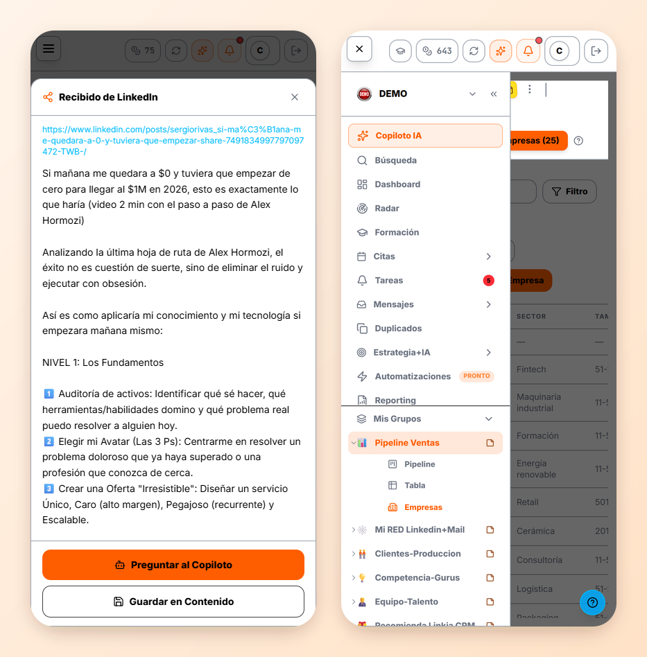 Dos pantallas del móvil: un post de LinkedIn recibido en Linkia y el menú completo del CRM