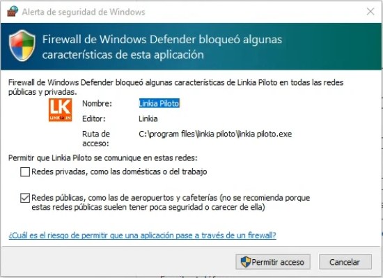 El aviso del cortafuegos de Windows