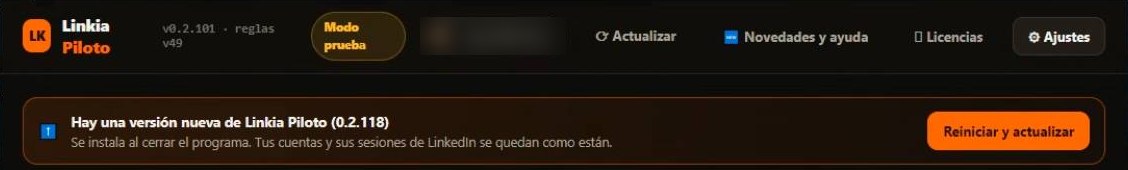 El aviso de versión nueva con el botón Reiniciar y actualizar