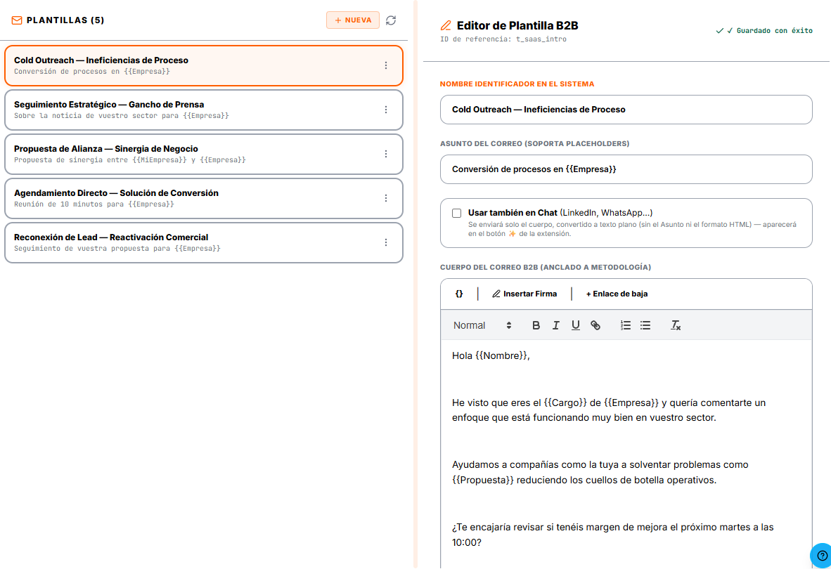 La lista de plantillas y el editor de una de ellas