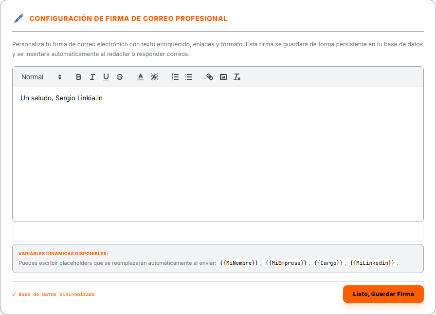 El editor de la firma, con las variables disponibles
