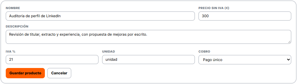 Un producto: nombre, precio sin IVA, descripción, IVA, unidad y cobro