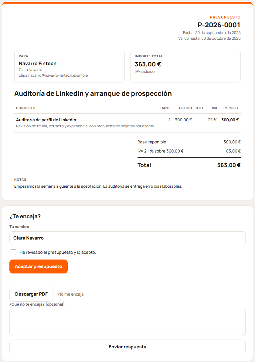 Presupuesto tal y como lo ve el cliente, con el botón Aceptar