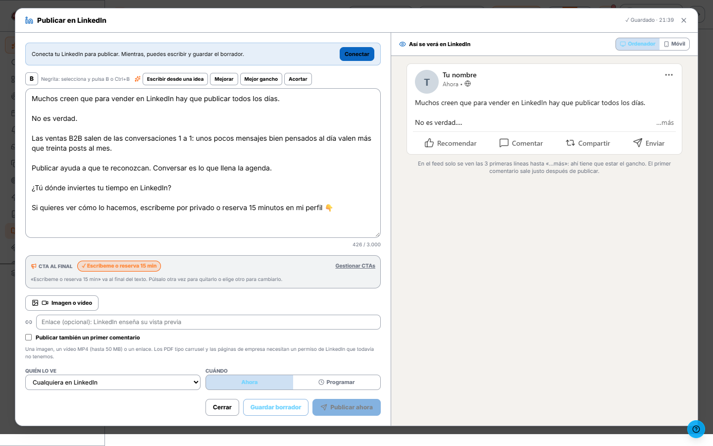 Publicador de LinkedIn con su vista previa como en el feed