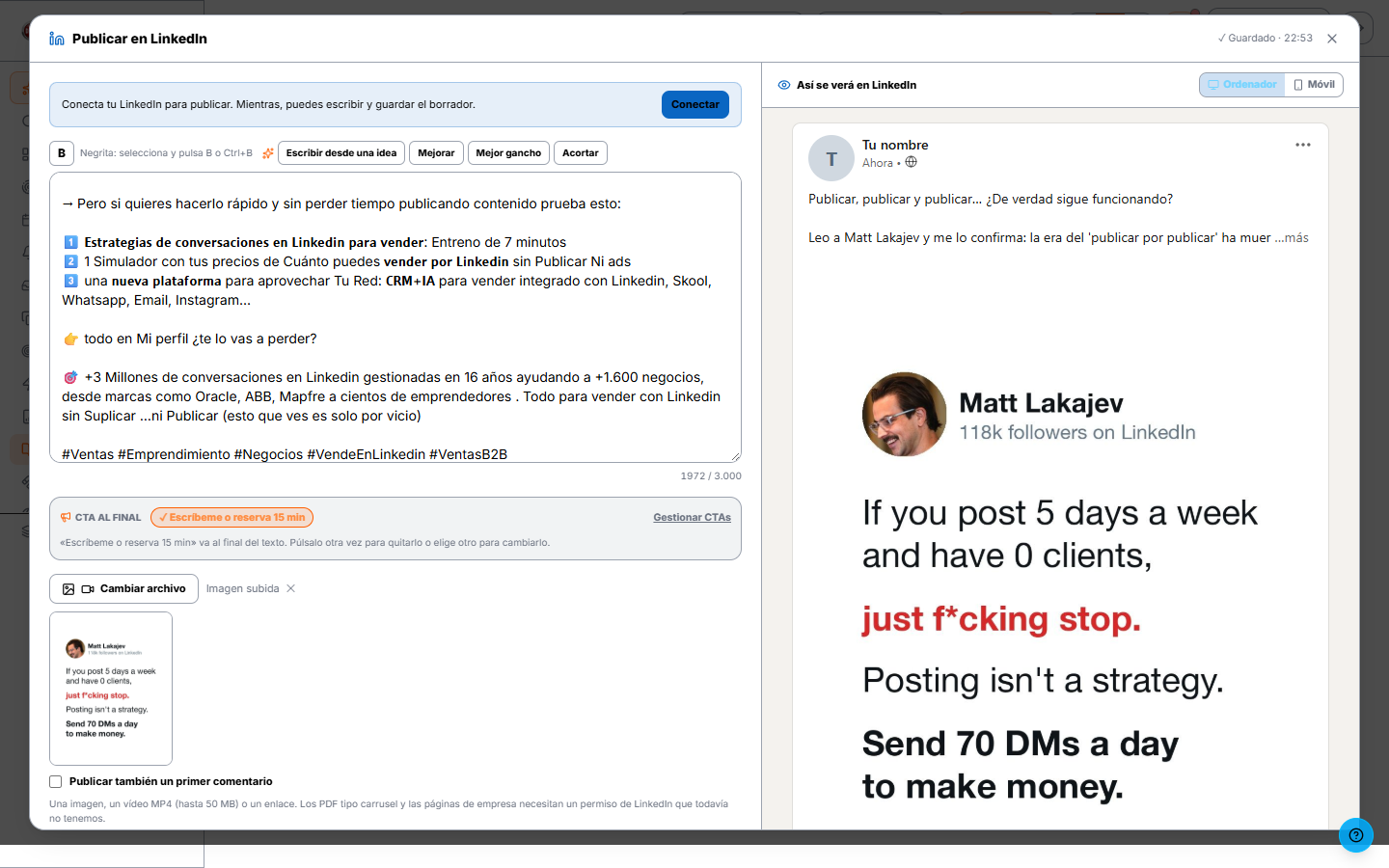 El publicador: texto, CTA al final y, a la derecha, cómo quedará en LinkedIn