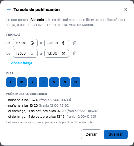 Tu cola: franjas, días y próximos huecos libres