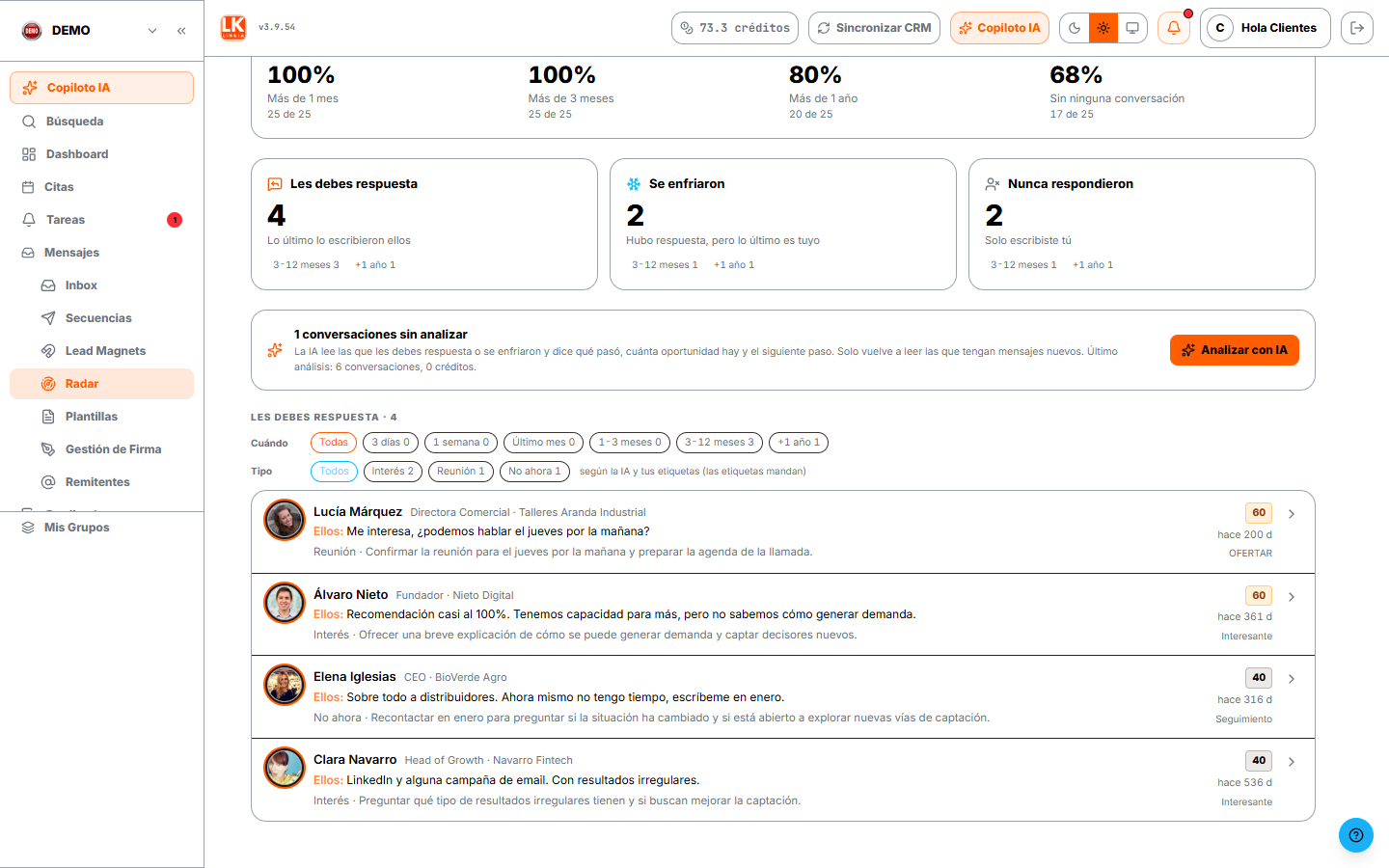 La lista con el análisis: tipo de conversación, siguiente paso y nota de oportunidad