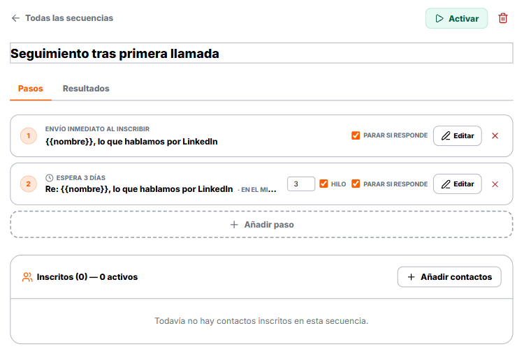 Una secuencia de dos pasos: el primero al inscribir y el segundo a los 3 días, en el mismo hilo