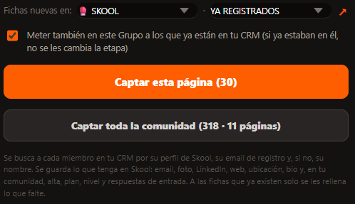 Grupo, etapa y los botones para captar