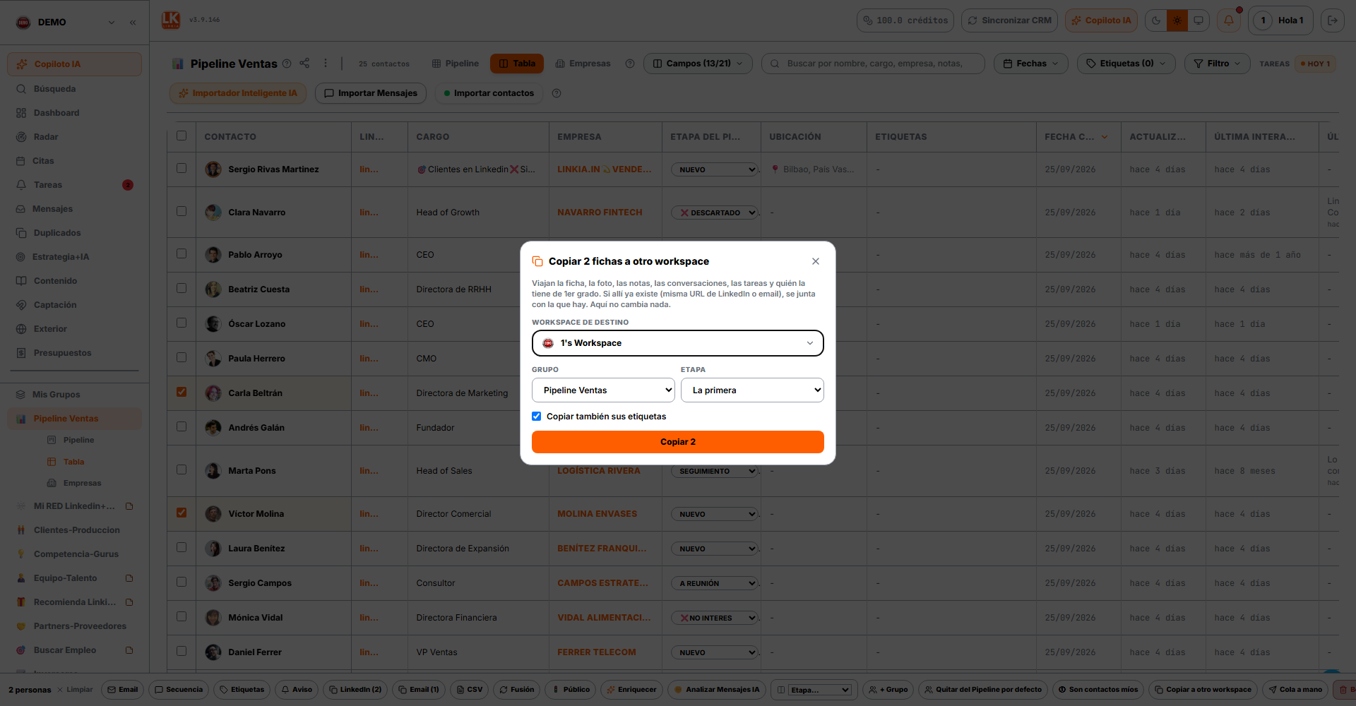Copiar 2 fichas a otro workspace: destino, Grupo y Etapa
