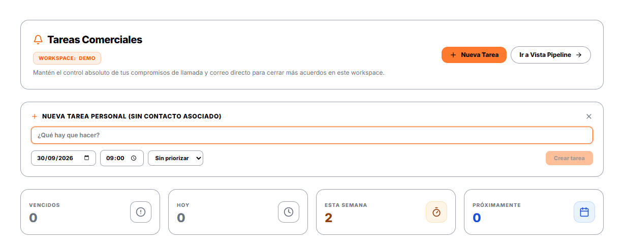 Nueva tarea personal, sin contacto asociado