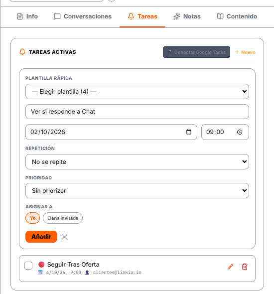 Nueva tarea desde la ficha, con una plantilla rápida aplicada