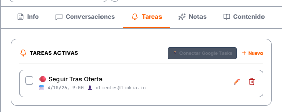 La tarea ya creada en la ficha del contacto