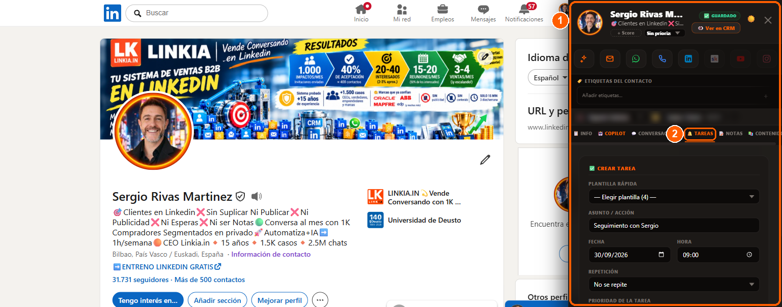 En LinkedIn: 1) el panel de Linkia sobre el perfil, 2) la pestaña TAREAS con el formulario Crear Tarea