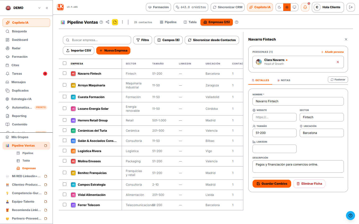 Lista de empresas con su logo, sector, tamaño y ubicación, y la ficha de una empresa con su contacto